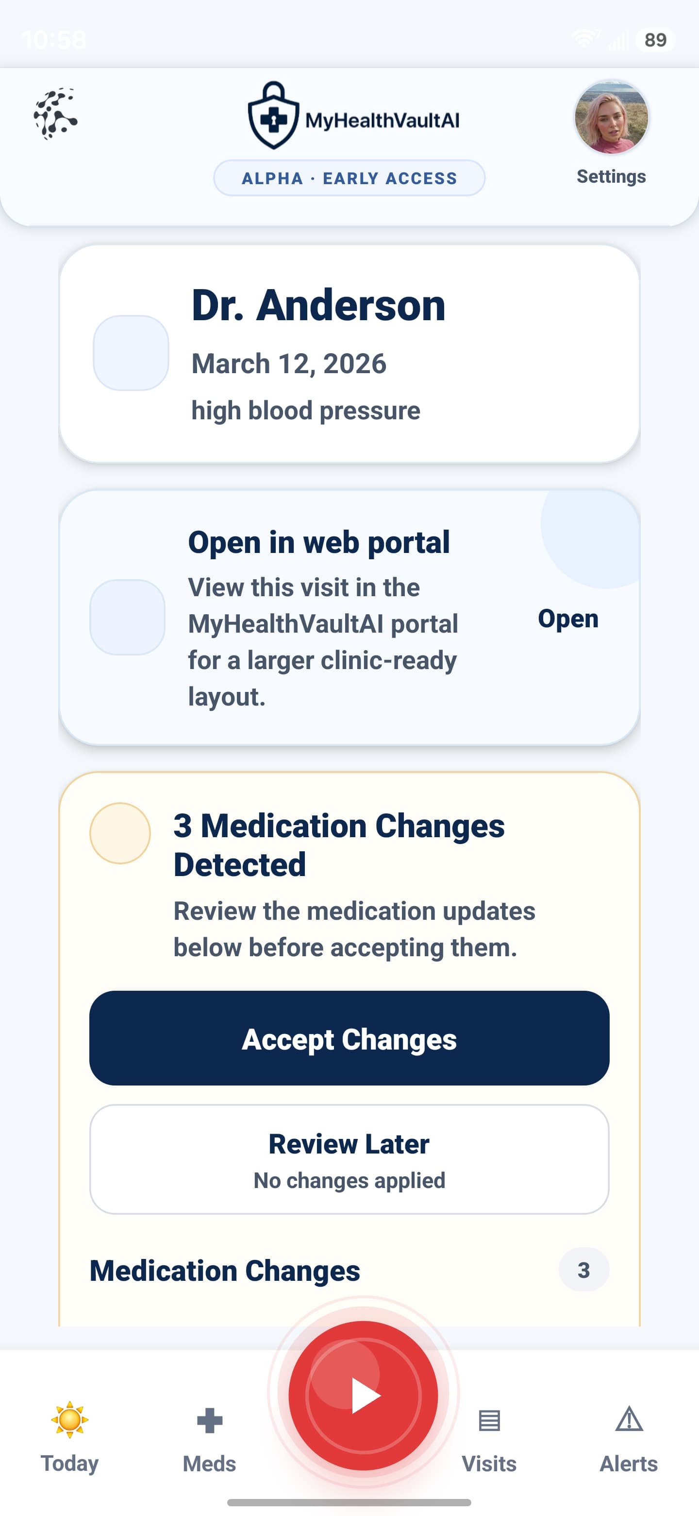 MyHealthVaultAI medication change detection screen