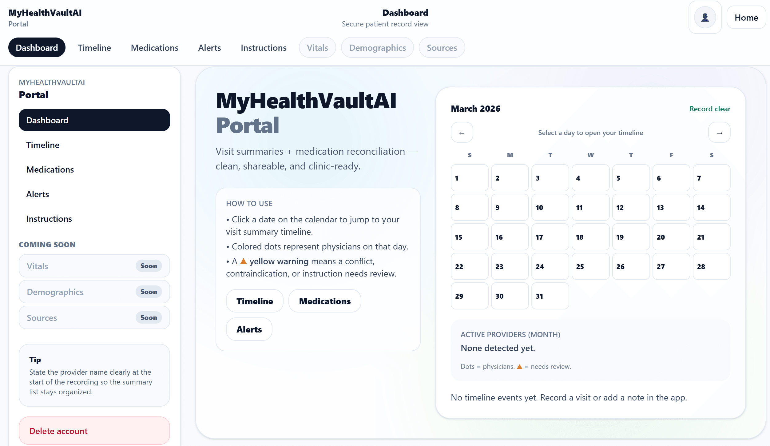 MyHealthVaultAI clinical record portal dashboard