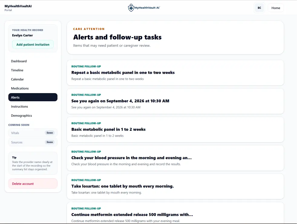 MyHealthVaultAI alerts and follow-up tasks using fictional demonstration data