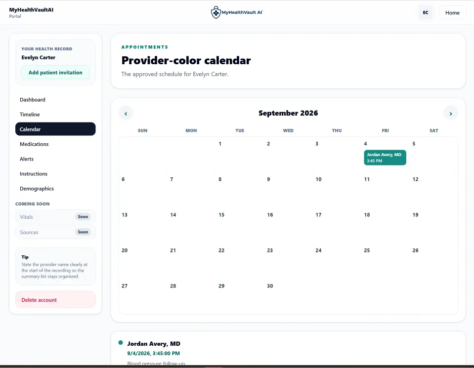MyHealthVaultAI provider-color calendar using fictional demonstration data