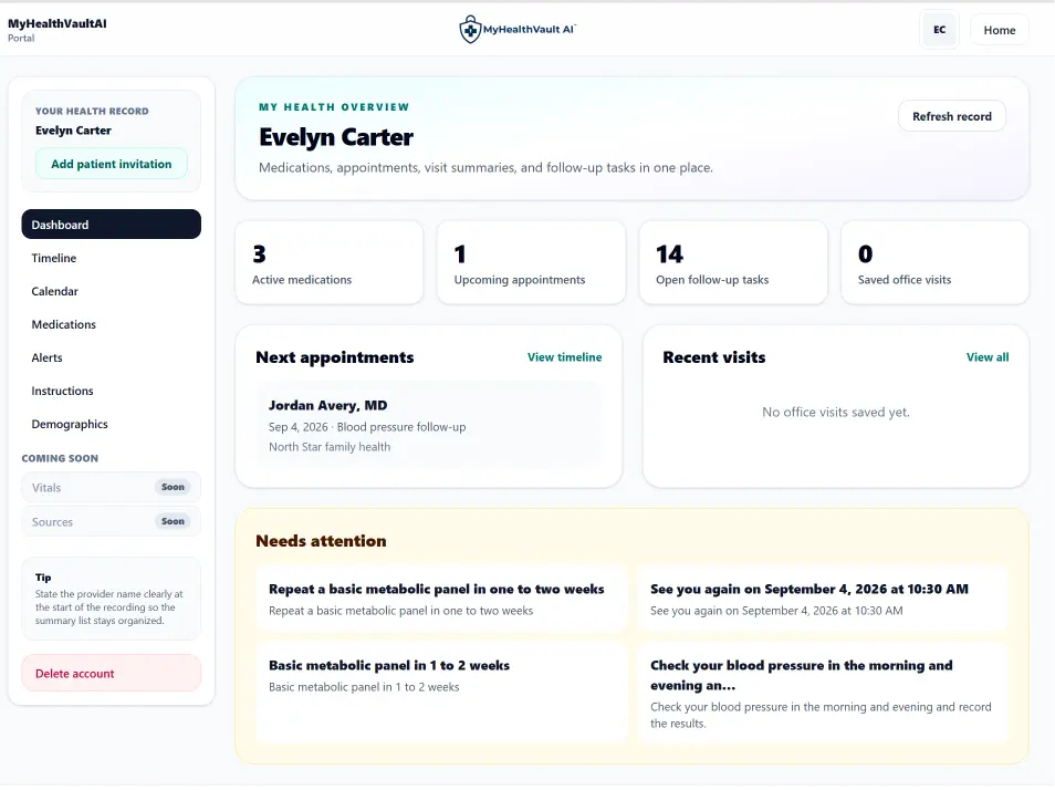 MyHealthVaultAI secure web portal dashboard using fictional demonstration data