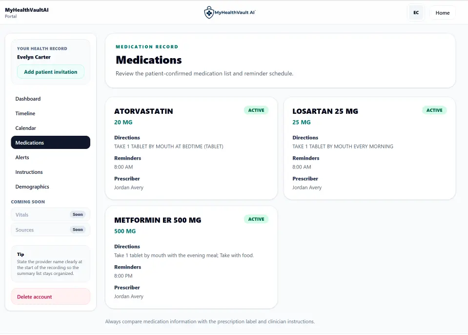 MyHealthVaultAI medication record using fictional demonstration data