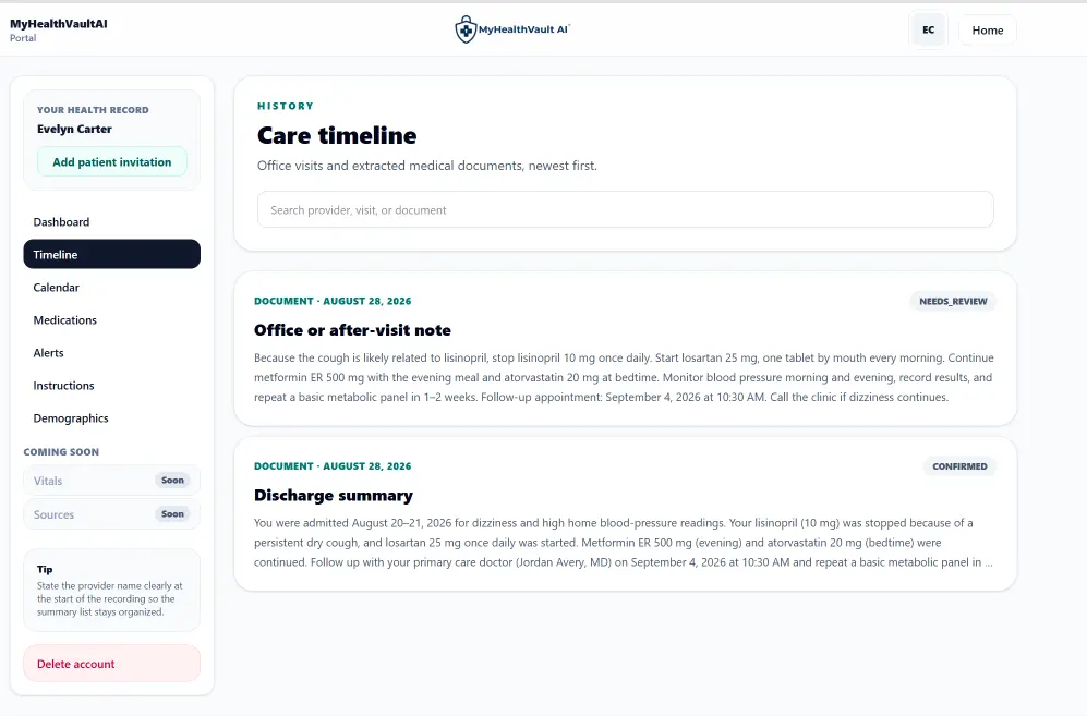 MyHealthVaultAI care timeline using fictional demonstration data